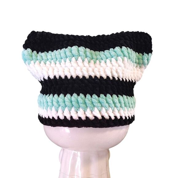 Handmade Black White Green Crochet Cat Ear Beanie Hat NEW - Picture 6 of 11